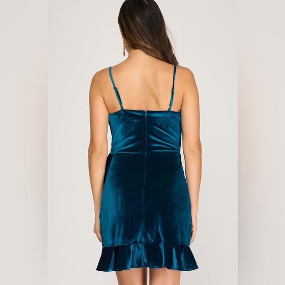 Knit Stretch Velvet Wrap Dress With Side Tie in Teal Blue - Picture 2 of 2